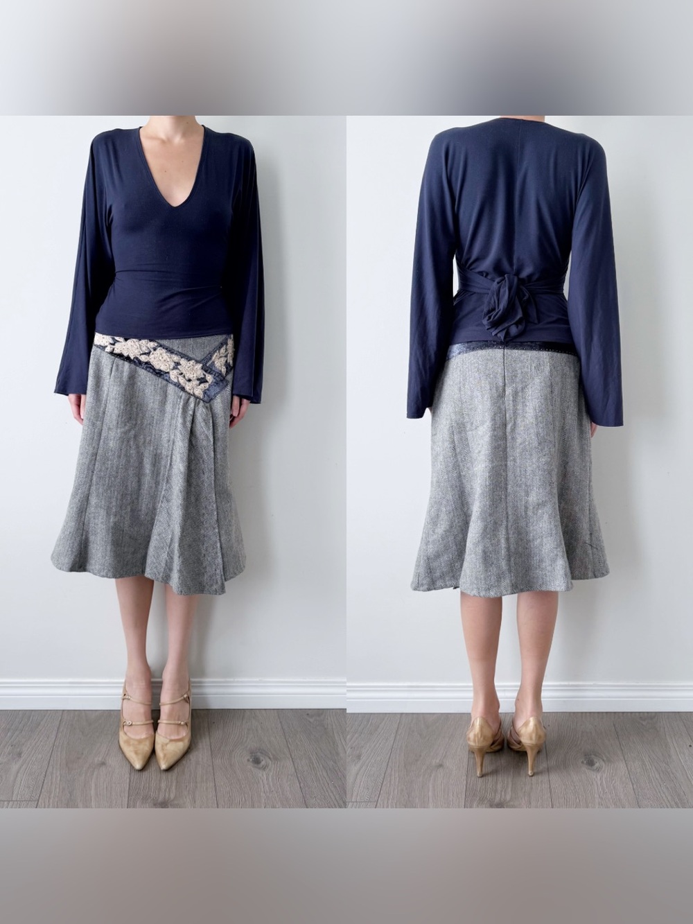 Rene Derhy grey wool blend embroidered midi skirt